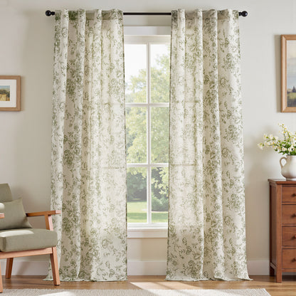 CURTAINKING Linen Curtains Floral Curtains for Living Room Printed Curtains Rod Pocket Back Tab Farmhouse Peony Flower Patterned Drapes Bedroom Window Curtain Set 2 Panels