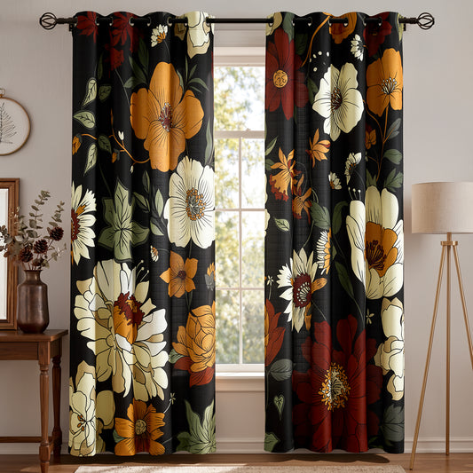 Curtainking Floral Curtains for Living Room Bedroom Vintage Inspired Retro Flower Print Curtains  Linen Textured Light Filtering Grommet Drapes Set of 2 Panels