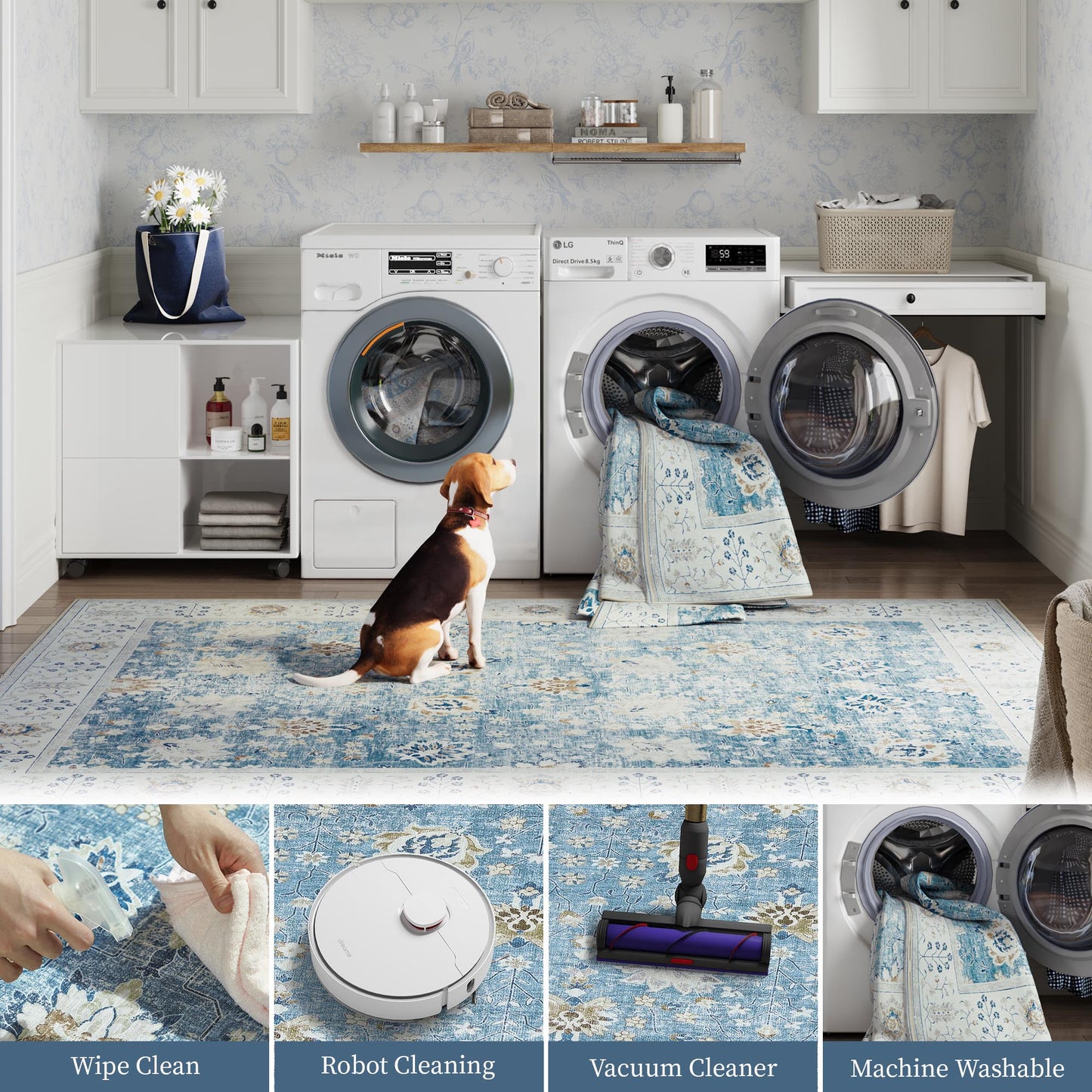 RUGKING Living Room Rug Floral Printed Blue Indoor Accent Mat with Non-slip backing Retro Persian Rugs for Bedroom Dining Room