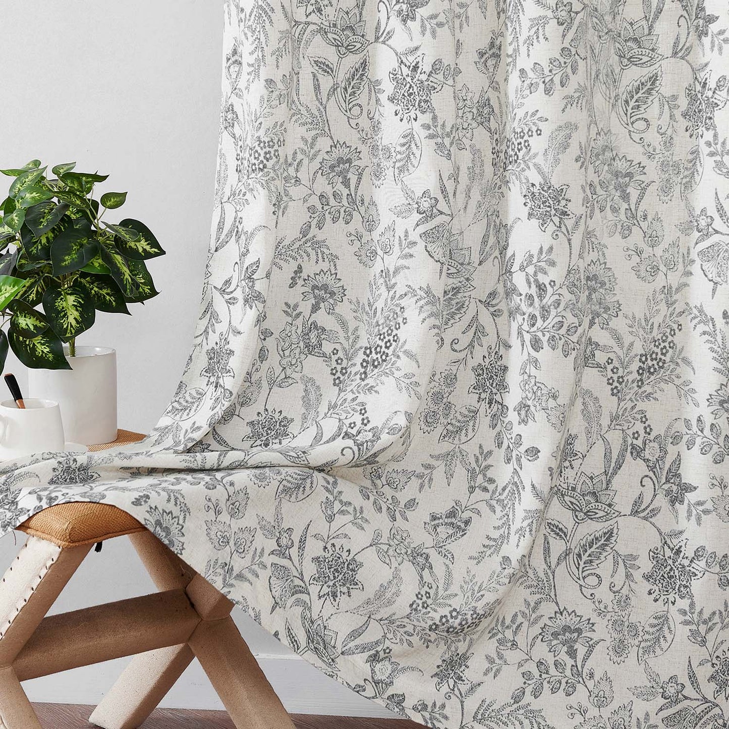 Curtainking Floral Curtains Linen Farmhouse Curtains for Living Room Country Curtains Grommet Top Semi Sheer Curtains Light Filtering 2 Panels