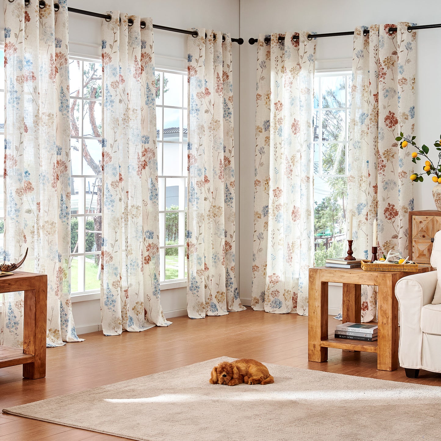 CURTAINKING Farmhouse Linen Curtains for Living Room Bedroom Floral Patterned Light Filtering Linen Blend Curtain Burlap Effect Drape Window Treatments 2 Panels
