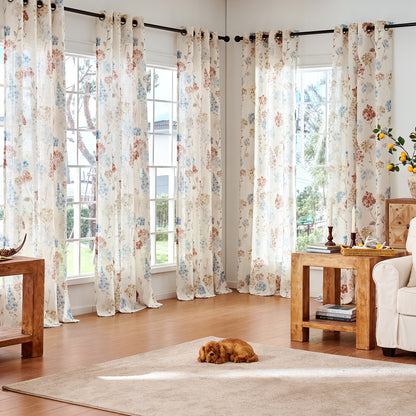 CURTAINKING Farmhouse Linen Curtains for Living Room Bedroom Floral Patterned Light Filtering Linen Blend Curtain Burlap Effect Drape Window Treatments 2 Panels