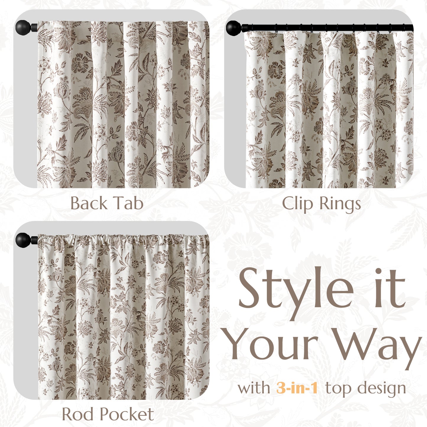 Curtainking Luxury Look Farmhouse Floral Print Rod Pocket Blackout Curtains 2 Panels