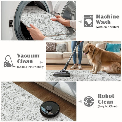 RUGKING Grey Vintage Area Rug Floral Carpet Distressed Mat, Foldable Non Slip Accent Rug for Kitchen Living Room