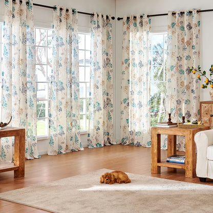 CURTAINKING Farmhouse Linen Curtains for Living Room Bedroom Floral Patterned Light Filtering Linen Blend Curtain Burlap Effect Drape Window Treatments 2 Panels