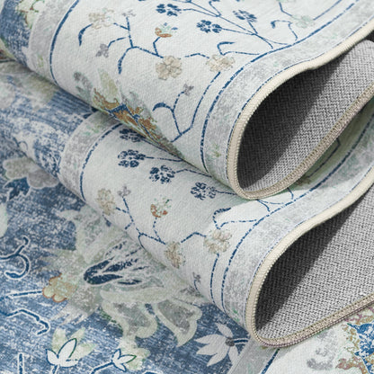 RUGKING Living Room Rug Floral Printed Blue Indoor Accent Mat with Non-slip backing Retro Persian Rugs for Bedroom Dining Room