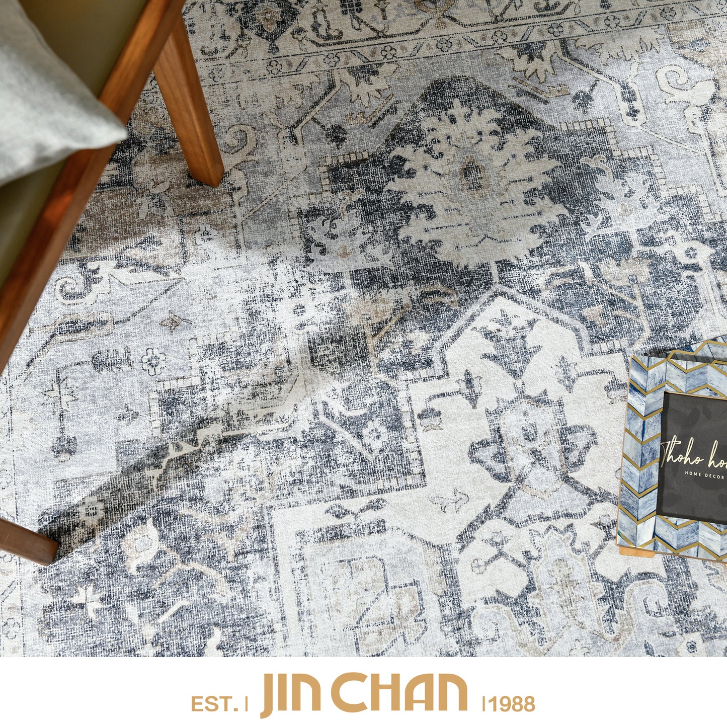 Jinchan Vintage Distressed Medallion Grey Foldable Living Room Area Rug