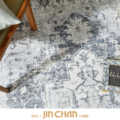 Jinchan Vintage Distressed Medallion Grey Foldable Living Room Area Rug