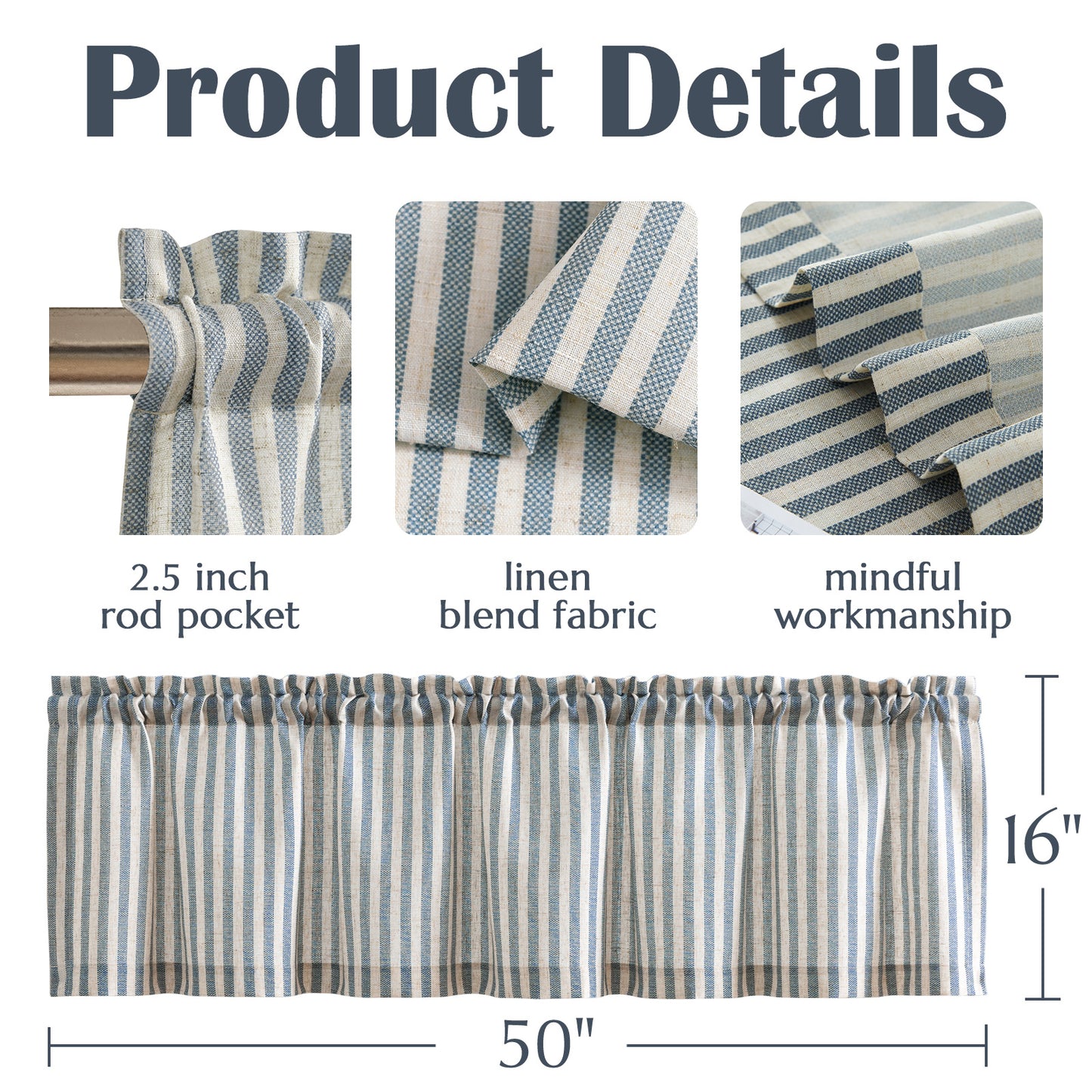 CURTAINKING Kitchen Valance Stripe Pattern Farmhouse Window Valance Linen Window Treatment for Bathroom Rod Pocket 1 Panel