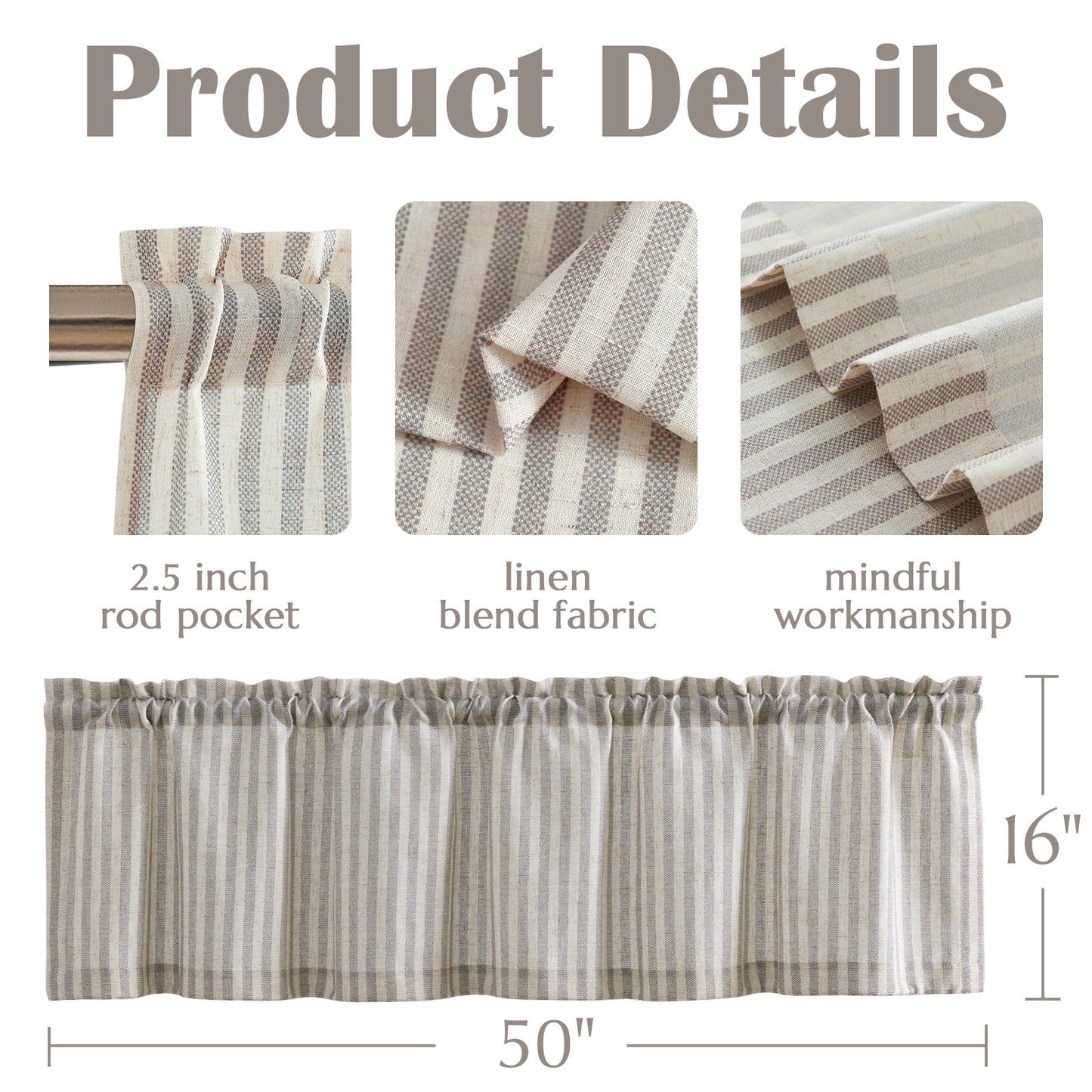CURTAINKING Kitchen Valance Stripe Pattern Farmhouse Window Valance Linen Window Treatment for Bathroom Rod Pocket 1 Panel