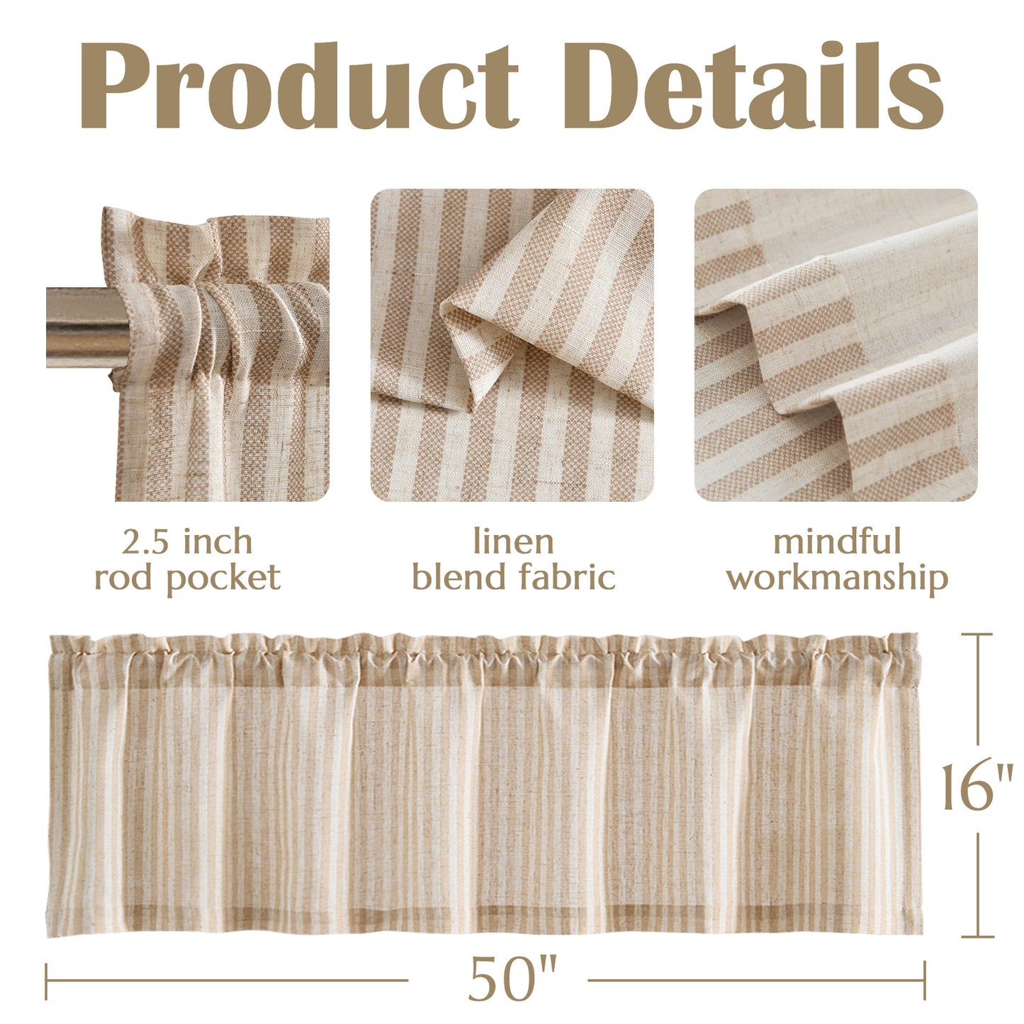 CURTAINKING Kitchen Valance Stripe Pattern Farmhouse Window Valance Linen Window Treatment for Bathroom Rod Pocket 1 Panel