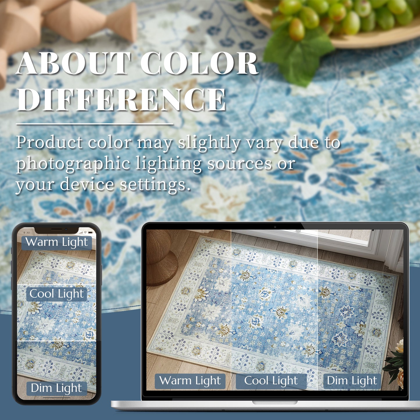 RUGKING Living Room Rug Floral Printed Blue Indoor Accent Mat with Non-slip backing Retro Persian Rugs for Bedroom Dining Room