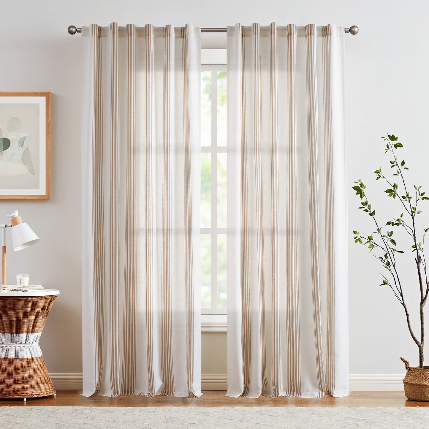 Curtainking Striped Linen Curtains Farmhouse Rustic Curtains for Living Room Semi Sheer Back Tab Light Filtering Coastal Drapes for Bedroom Window Curtain 2 Panels