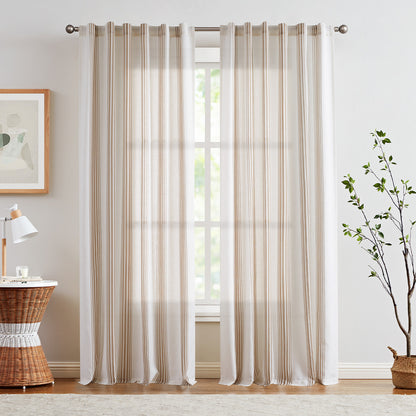 Curtainking Striped Linen Curtains Farmhouse Rustic Curtains for Living Room Semi Sheer Back Tab Light Filtering Coastal Drapes for Bedroom Window Curtain 2 Panels