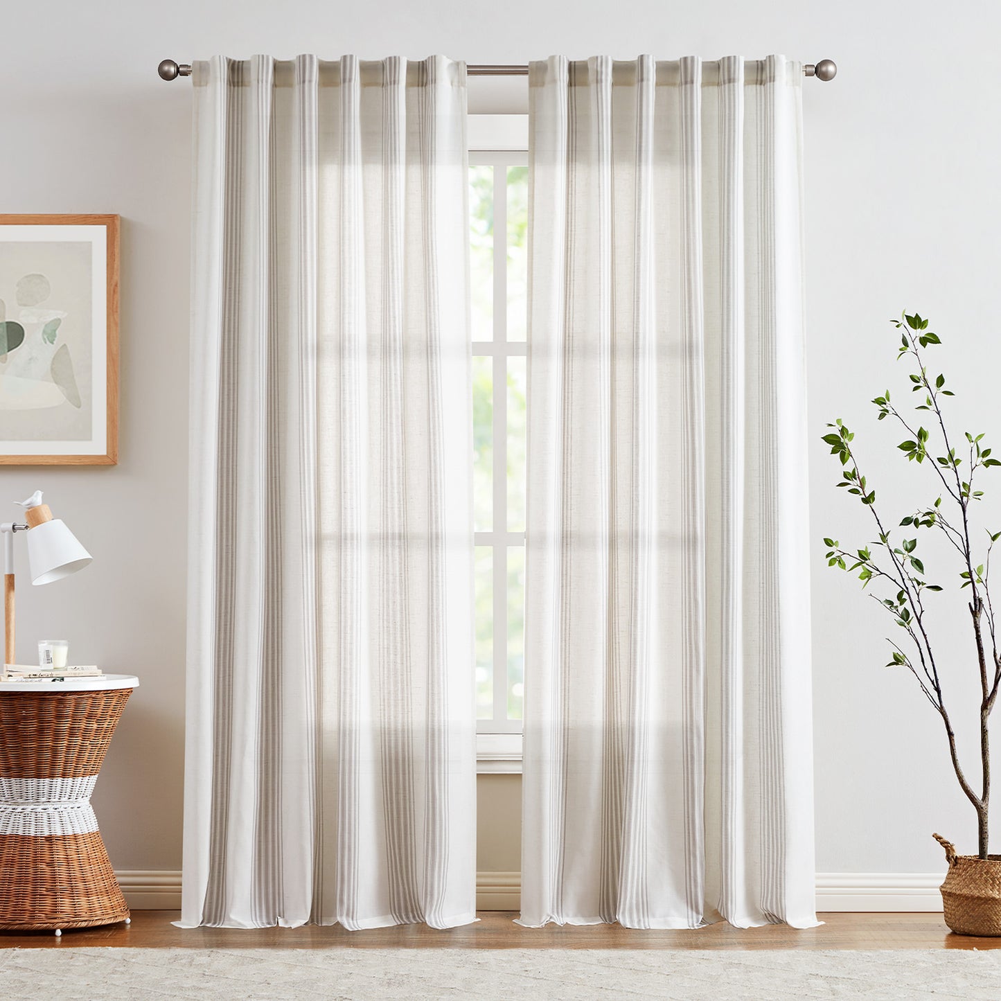 Curtainking Striped Linen Curtains Farmhouse Rustic Curtains for Living Room Semi Sheer Back Tab Light Filtering Coastal Drapes for Bedroom Window Curtain 2 Panels