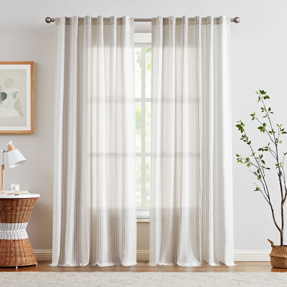 Curtainking Striped Linen Curtains Farmhouse Rustic Curtains for Living Room Semi Sheer Back Tab Light Filtering Coastal Drapes for Bedroom Window Curtain 2 Panels