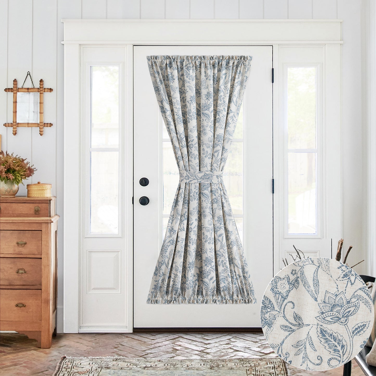 CURTAINKING French Door Curtains Panel Farmhouse Linen Rod Pocket Curtains for Door Window Floral Printed, 1 Tieback Included
