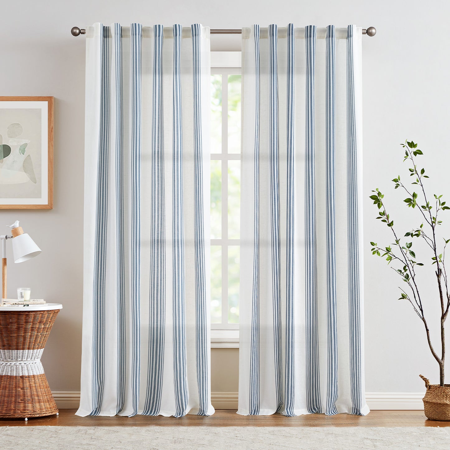 Curtainking Striped Linen Curtains Farmhouse Rustic Curtains for Living Room Semi Sheer Back Tab Light Filtering Coastal Drapes for Bedroom Window Curtain 2 Panels