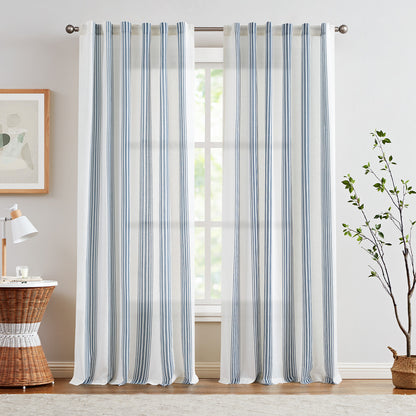 Curtainking Striped Linen Curtains Farmhouse Rustic Curtains for Living Room Semi Sheer Back Tab Light Filtering Coastal Drapes for Bedroom Window Curtain 2 Panels
