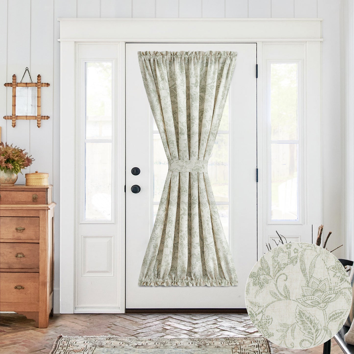CURTAINKING French Door Curtains Panel Farmhouse Linen Rod Pocket Curtains for Door Window Floral Printed, 1 Tieback Included