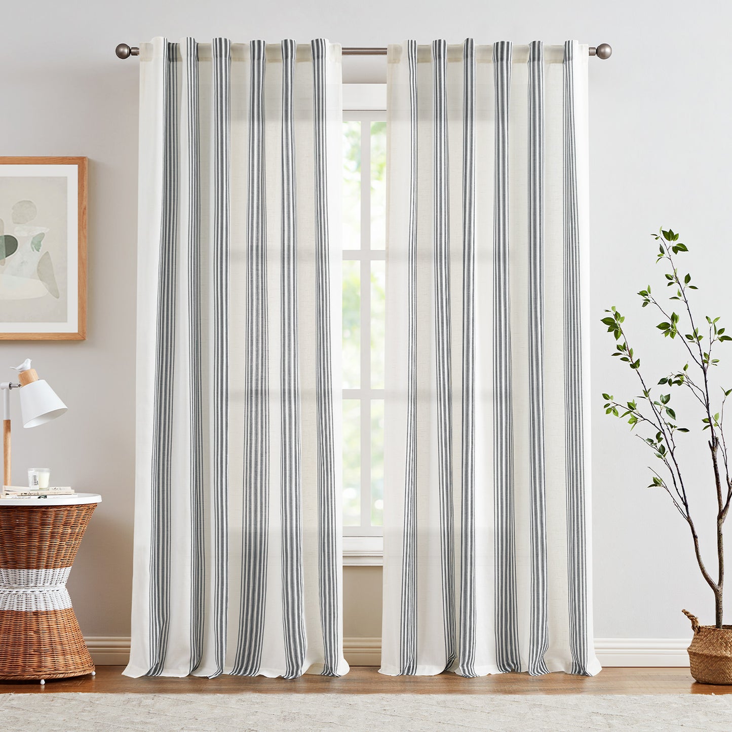 Curtainking Striped Linen Curtains Farmhouse Rustic Curtains for Living Room Semi Sheer Back Tab Light Filtering Coastal Drapes for Bedroom Window Curtain 2 Panels