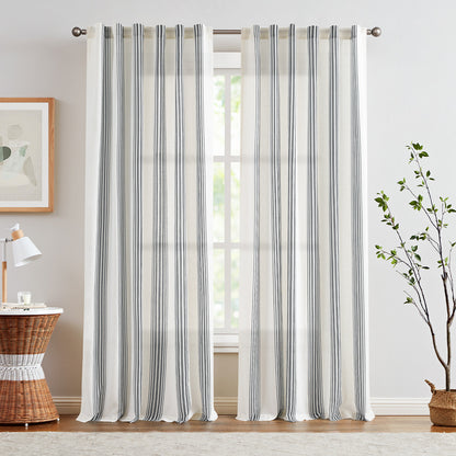 Curtainking Striped Linen Curtains Farmhouse Rustic Curtains for Living Room Semi Sheer Back Tab Light Filtering Coastal Drapes for Bedroom Window Curtain 2 Panels