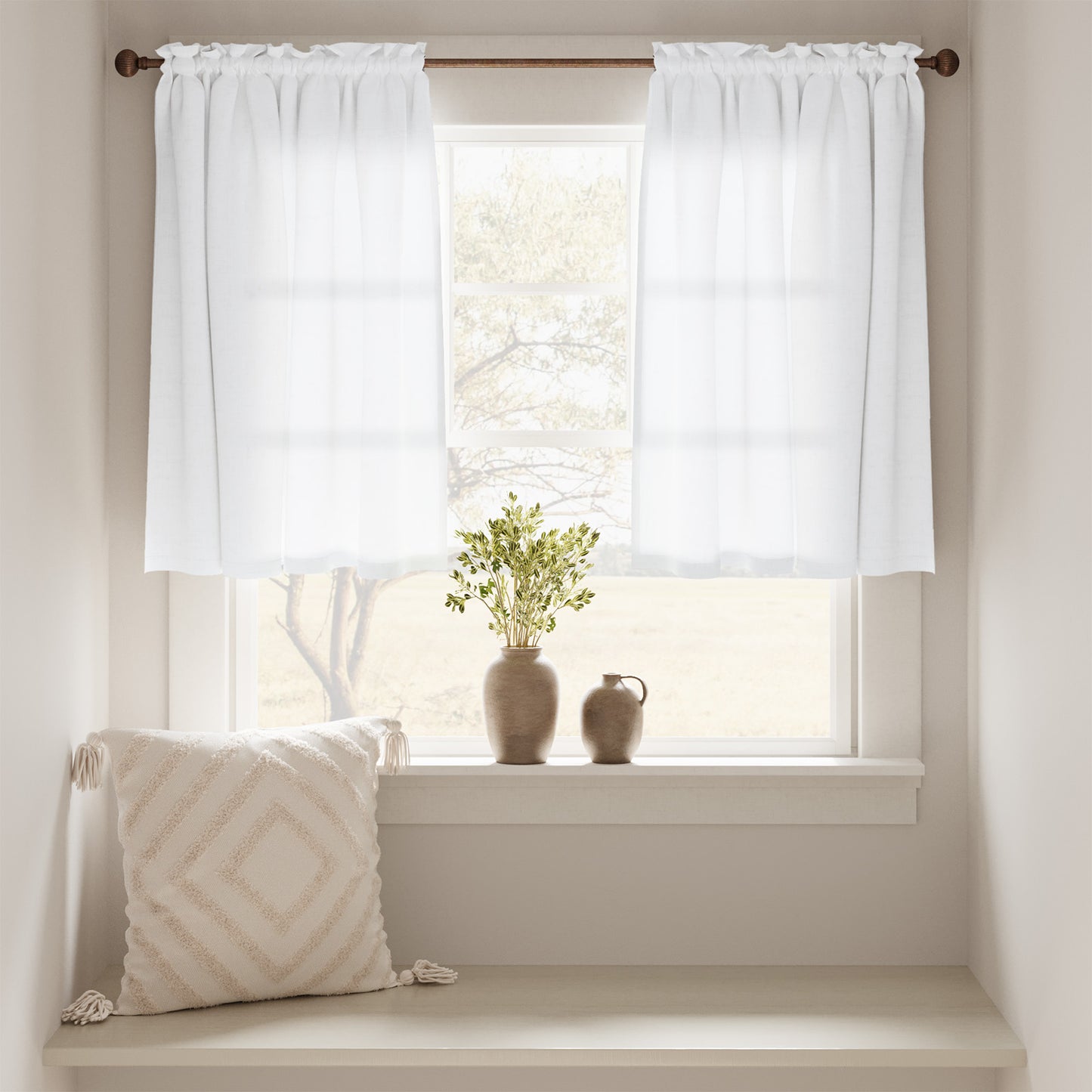 Curtainking Farmhouse Rod Pocket Semi-Sheer Cafe Curtains, Linen Textured Window Curtains, 2 Panels