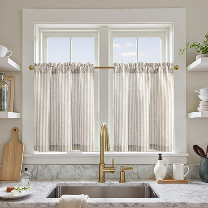 Curtainking Striped Kitchen Curtain Linen Cafe Curtains Semi-Sheer Rustic Farmhouse Tier Curtains Rod Pocket 2 Panels