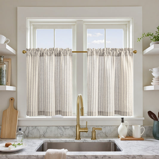 Curtainking Striped Kitchen Curtain Linen Cafe Curtains Semi-Sheer Rustic Farmhouse Tier Curtains Rod Pocket 2 Panels