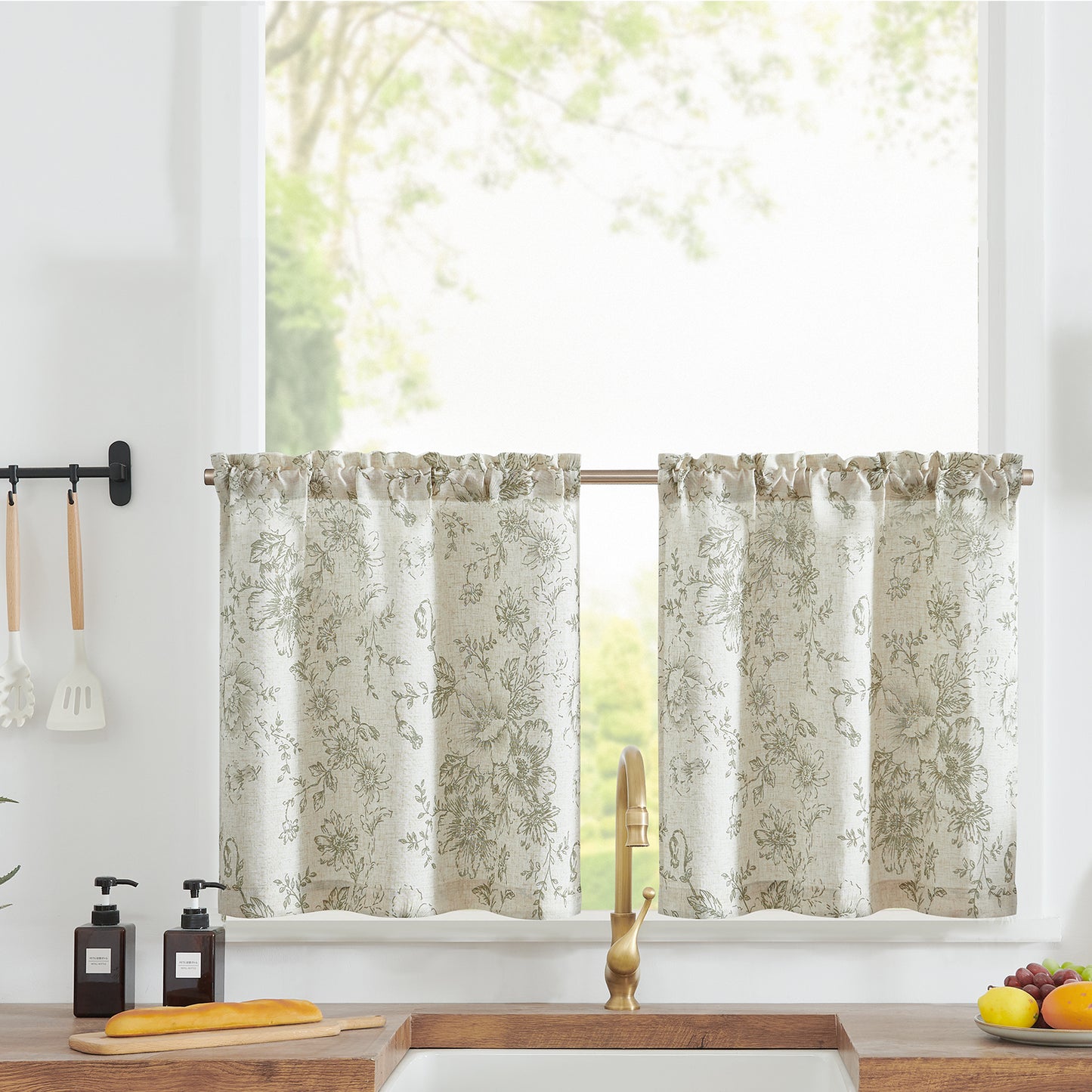 Curtainking Linen Kitchen Curtains Floral Cafe Curtains Farmhouse Cafe Curtains for Living Room 2 Panels