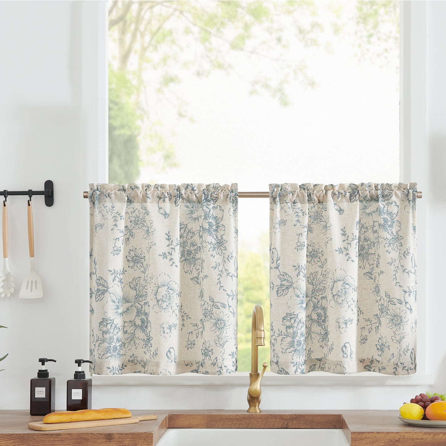 Curtainking Linen Kitchen Curtains Floral Cafe Curtains Farmhouse Cafe Curtains for Living Room 2 Panels
