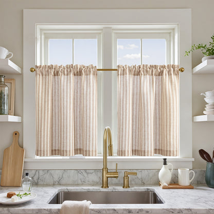 Curtainking Striped Kitchen Curtain Linen Cafe Curtains Semi-Sheer Rustic Farmhouse Tier Curtains Rod Pocket 2 Panels