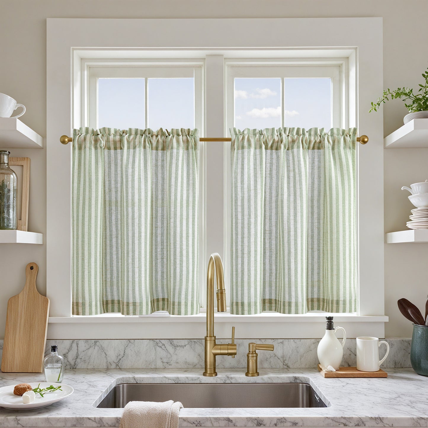 Curtainking Striped Kitchen Curtain Linen Cafe Curtains Semi-Sheer Rustic Farmhouse Tier Curtains Rod Pocket 2 Panels
