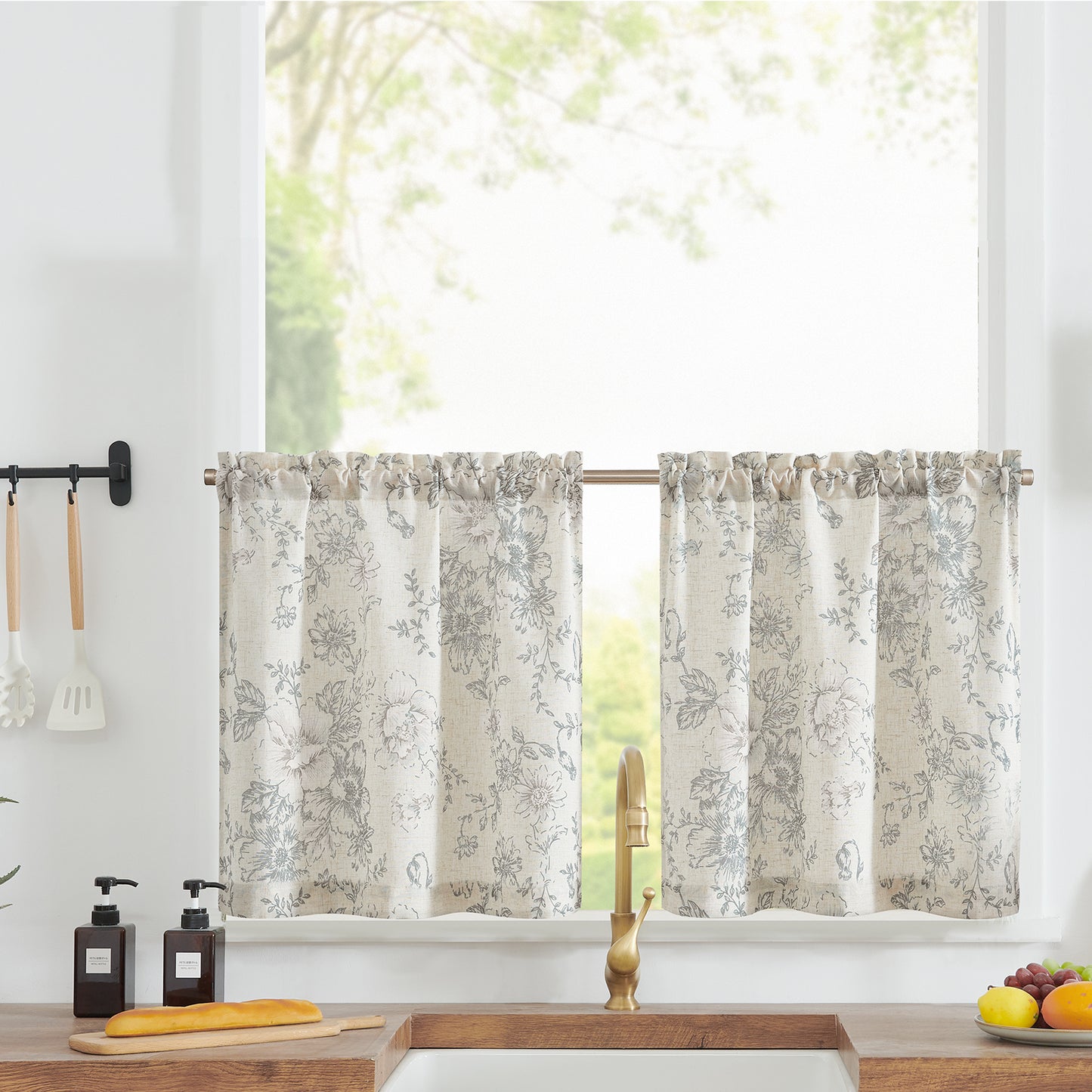 Curtainking Linen Kitchen Curtains Floral Cafe Curtains Farmhouse Cafe Curtains for Living Room 2 Panels