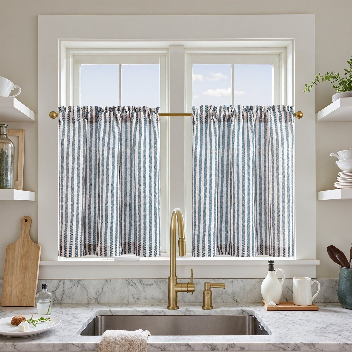 Curtainking Striped Kitchen Curtain Linen Cafe Curtains Semi-Sheer Rustic Farmhouse Tier Curtains Rod Pocket 2 Panels
