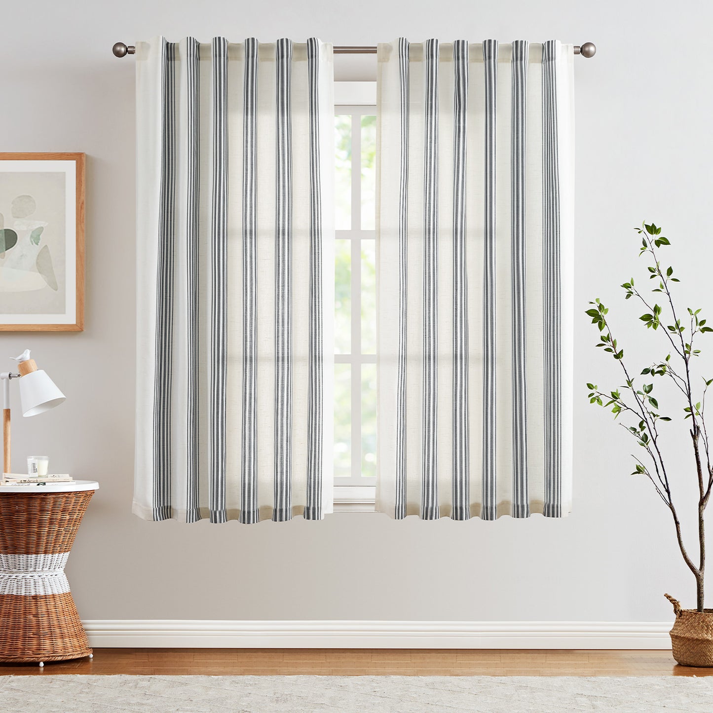 Curtainking Striped Linen Curtains Farmhouse Rustic Curtains for Living Room Semi Sheer Back Tab Light Filtering Coastal Drapes for Bedroom Window Curtain 2 Panels