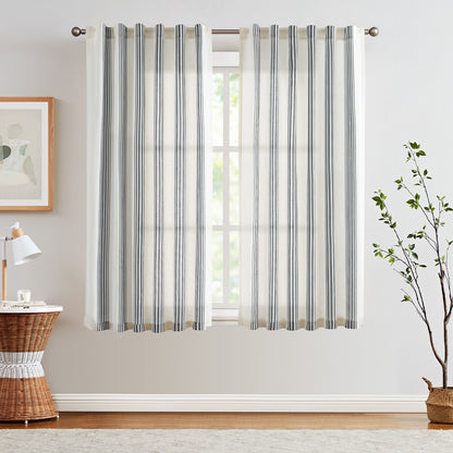 Curtainking Striped Linen Curtains Farmhouse Rustic Curtains for Living Room Semi Sheer Back Tab Light Filtering Coastal Drapes for Bedroom Window Curtain 2 Panels