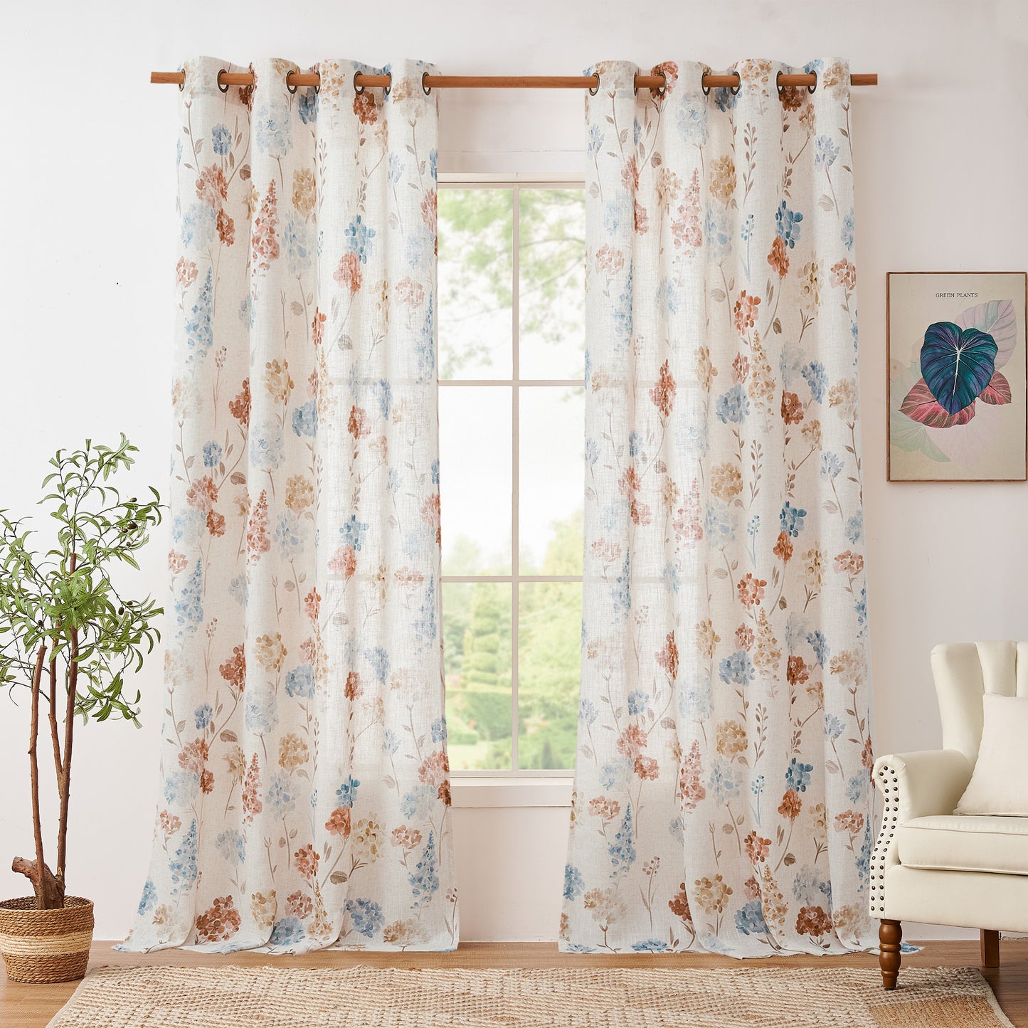 CURTAINKING Farmhouse Linen Curtains for Living Room Bedroom Floral Patterned Light Filtering Linen Blend Curtain Burlap Effect Drape Window Treatments 2 Panels