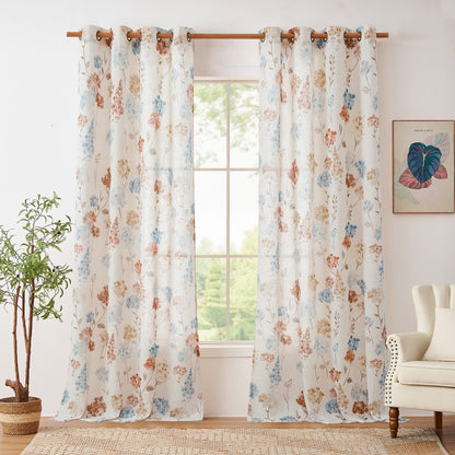 CURTAINKING Farmhouse Linen Curtains for Living Room Bedroom Floral Patterned Light Filtering Linen Blend Curtain Burlap Effect Drape Window Treatments 2 Panels