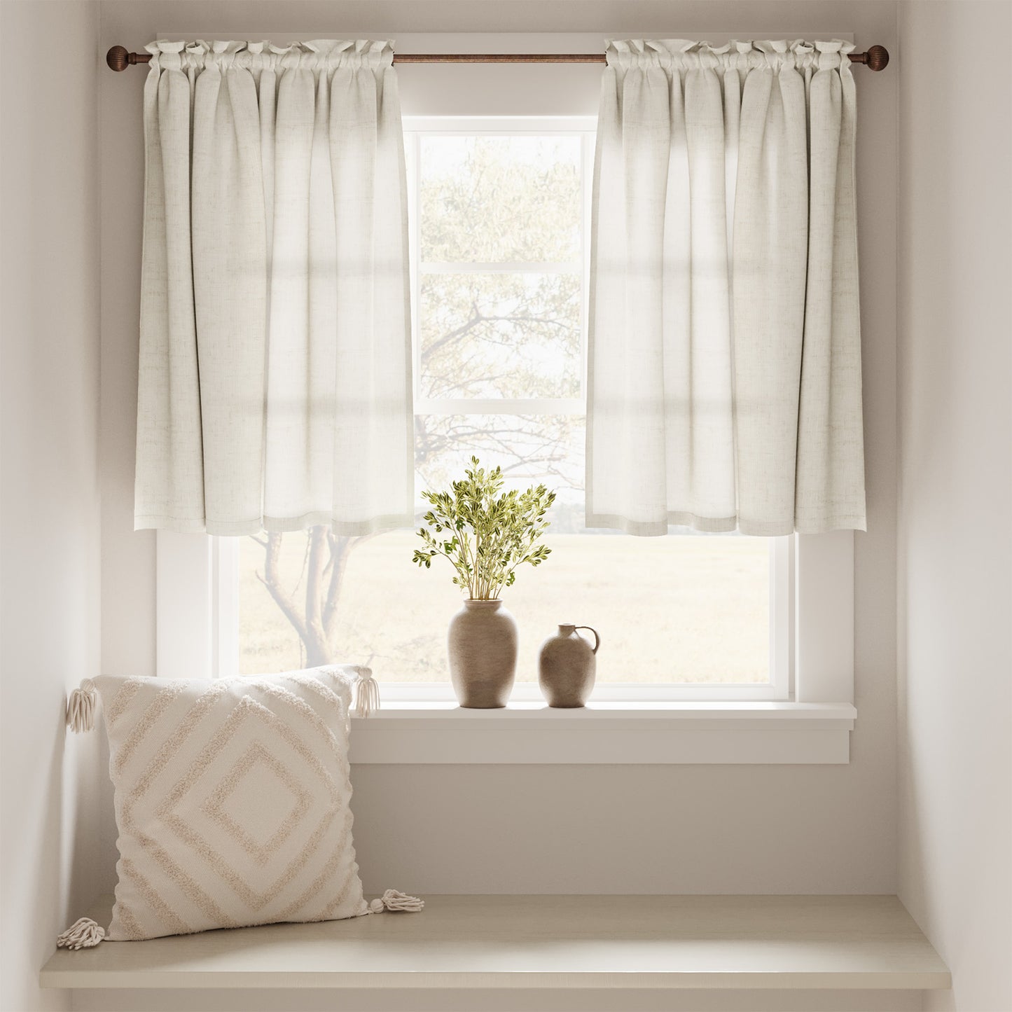 Curtainking Farmhouse Rod Pocket Semi-Sheer Cafe Curtains, Linen Textured Window Curtains, 2 Panels
