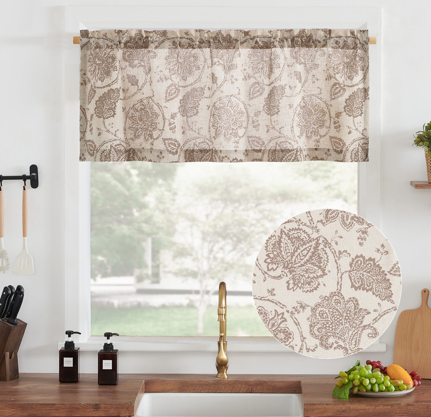 Curtainking Kitchen Valance  Linen Textured Floral Printed Small Window Valance 1 Panel
