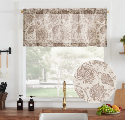 Curtainking Kitchen Valance  Linen Textured Floral Printed Small Window Valance 1 Panel