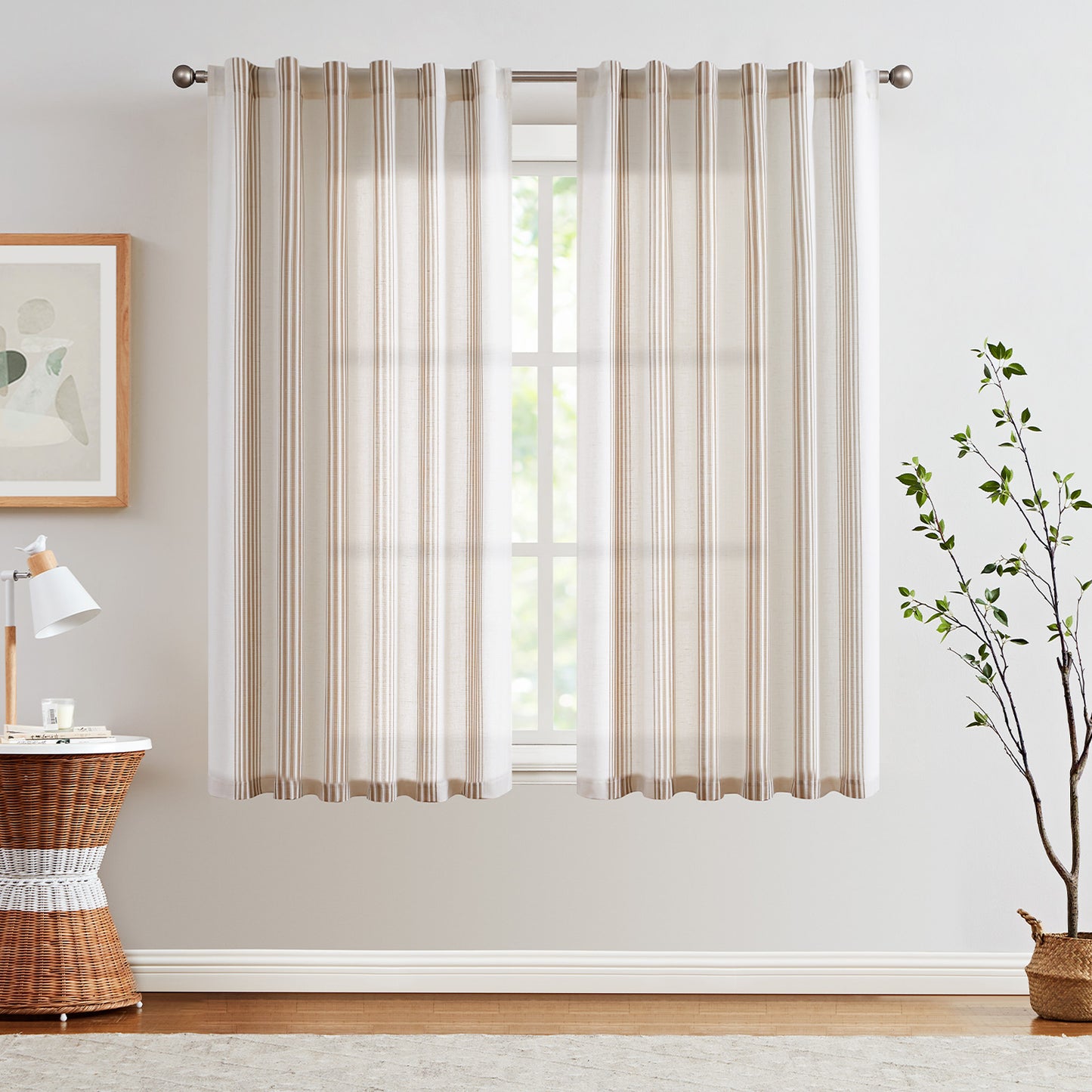Curtainking Striped Linen Curtains Farmhouse Rustic Curtains for Living Room Semi Sheer Back Tab Light Filtering Coastal Drapes for Bedroom Window Curtain 2 Panels