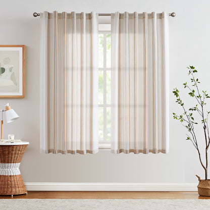Curtainking Striped Linen Curtains Farmhouse Rustic Curtains for Living Room Semi Sheer Back Tab Light Filtering Coastal Drapes for Bedroom Window Curtain 2 Panels