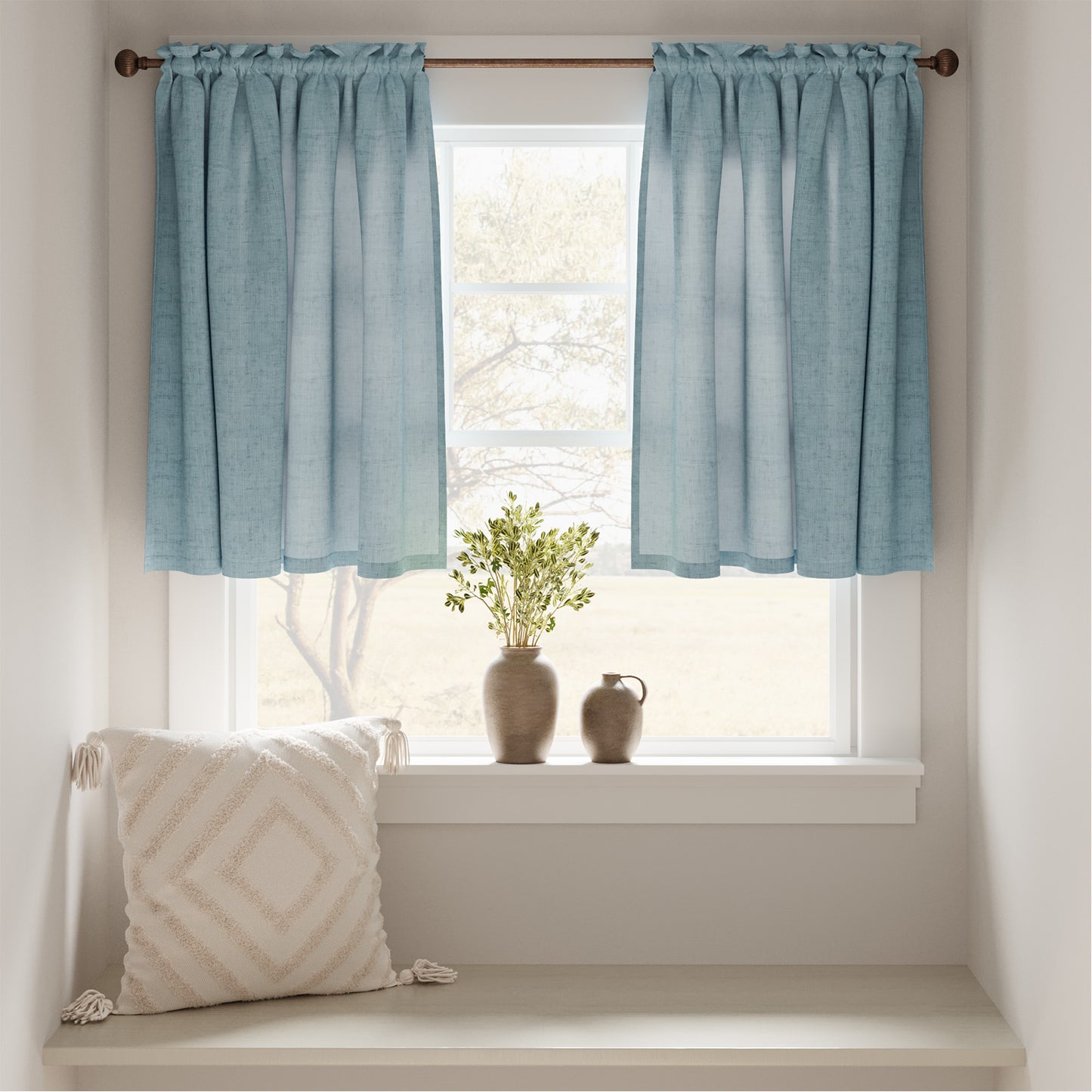 Curtainking Farmhouse Rod Pocket Semi-Sheer Cafe Curtains, Linen Textured Window Curtains, 2 Panels