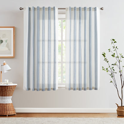 Curtainking Striped Linen Curtains Farmhouse Rustic Curtains for Living Room Semi Sheer Back Tab Light Filtering Coastal Drapes for Bedroom Window Curtain 2 Panels