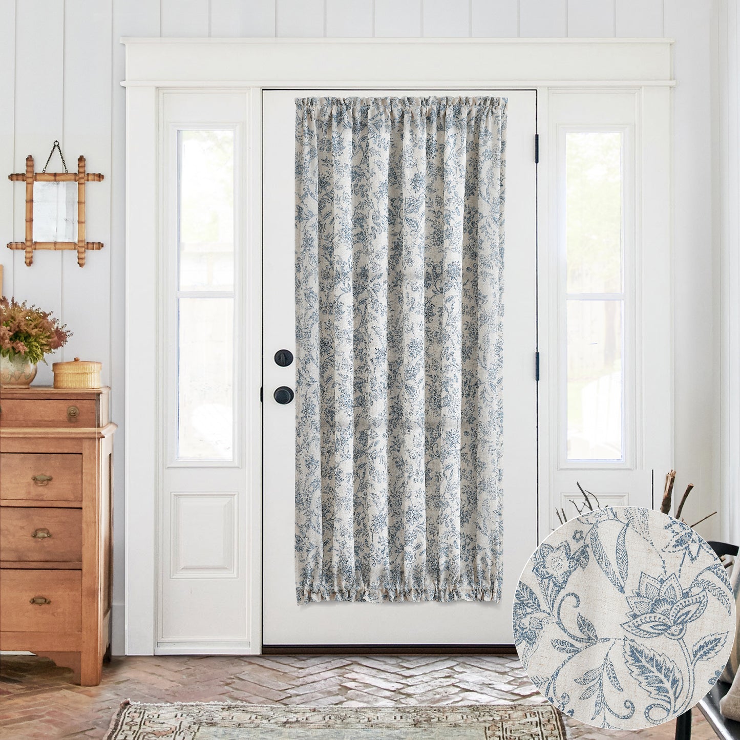 CURTAINKING French Door Curtains Panel Farmhouse Linen Rod Pocket Curtains for Door Window Floral Printed, 1 Tieback Included