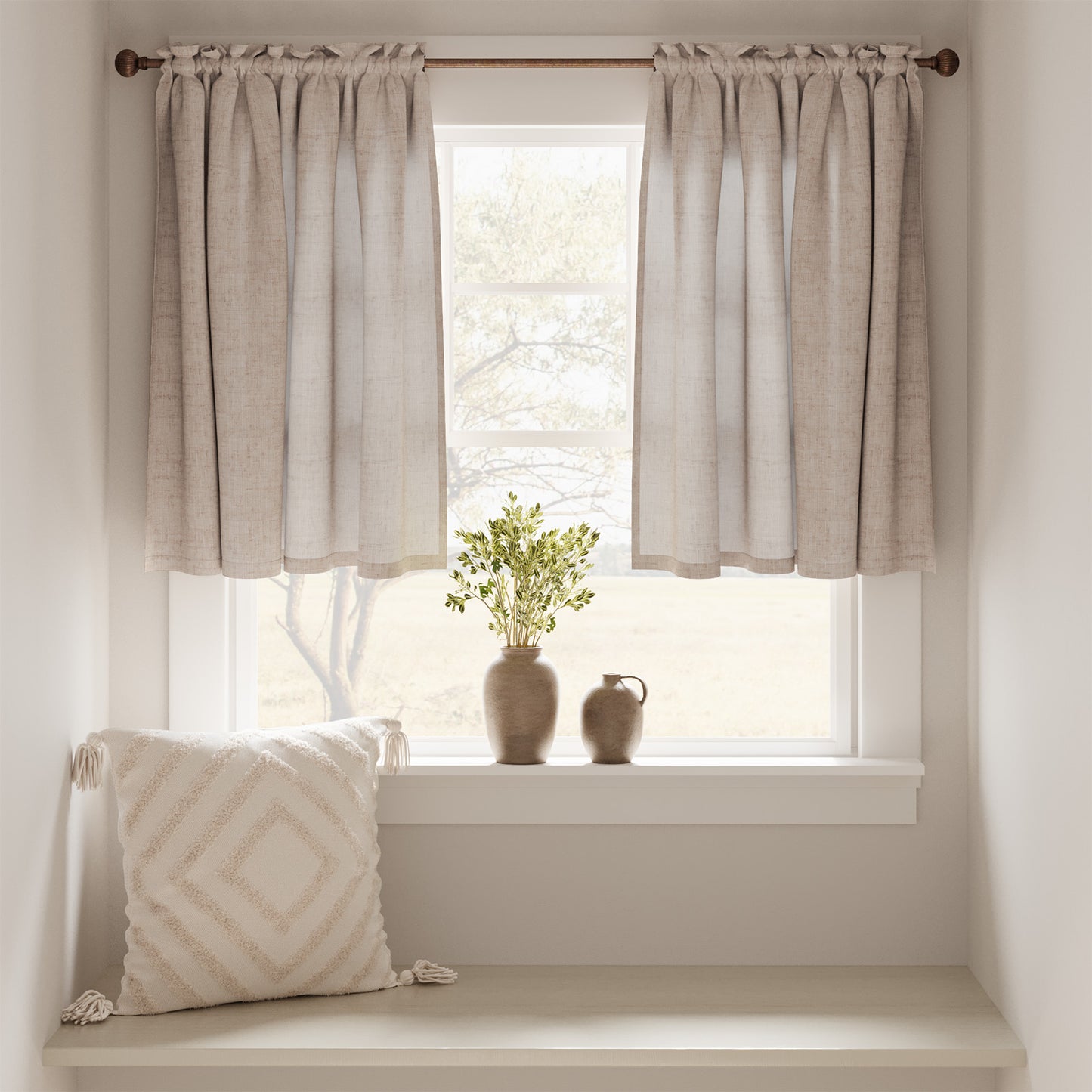 Curtainking Farmhouse Rod Pocket Semi-Sheer Cafe Curtains, Linen Textured Window Curtains, 2 Panels