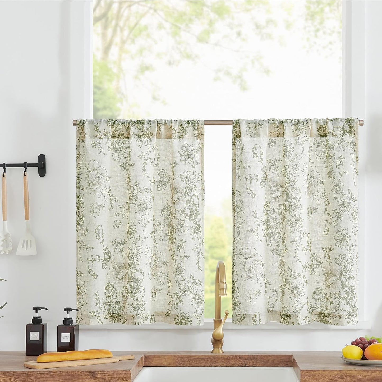 Curtainking Linen Kitchen Curtains Floral Cafe Curtains Farmhouse Cafe Curtains for Living Room 2 Panels