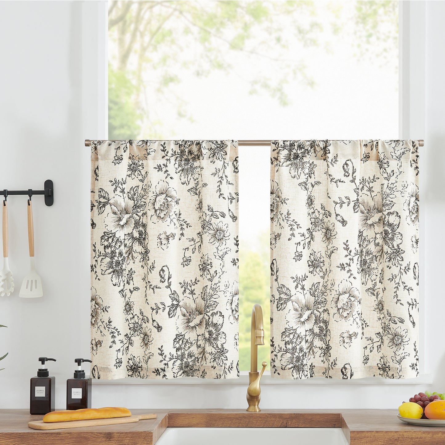 Curtainking Linen Kitchen Curtains Floral Cafe Curtains Farmhouse Cafe Curtains for Living Room 2 Panels